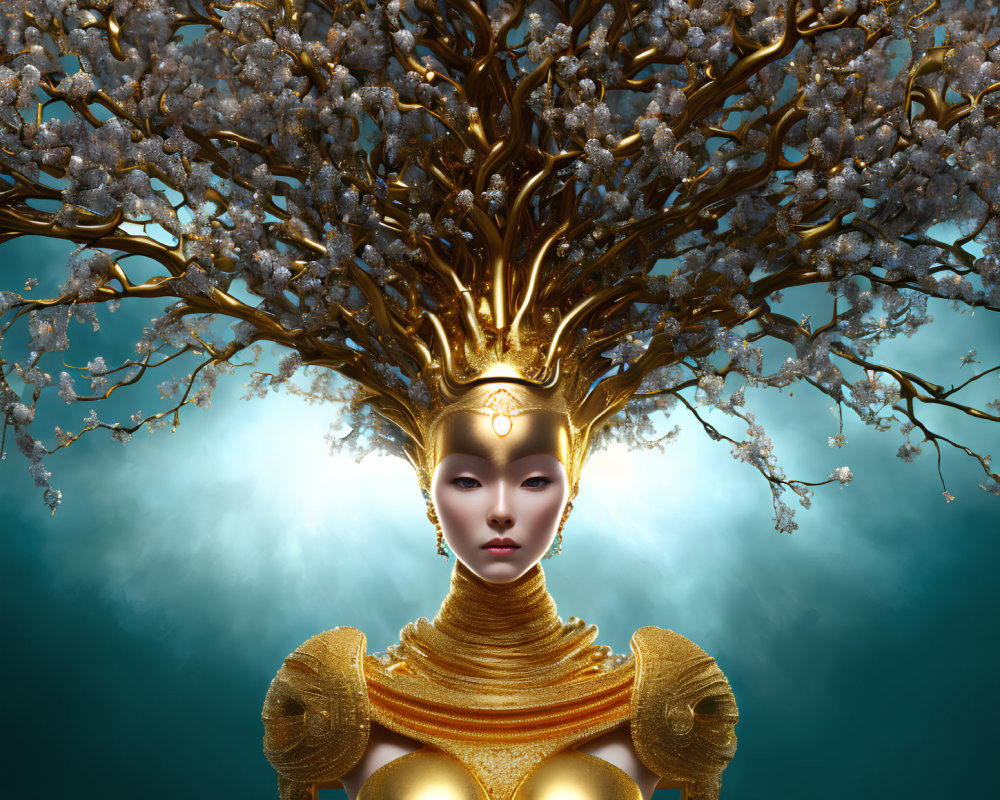 Woman with Golden Tree Crown and Armor on Teal Background