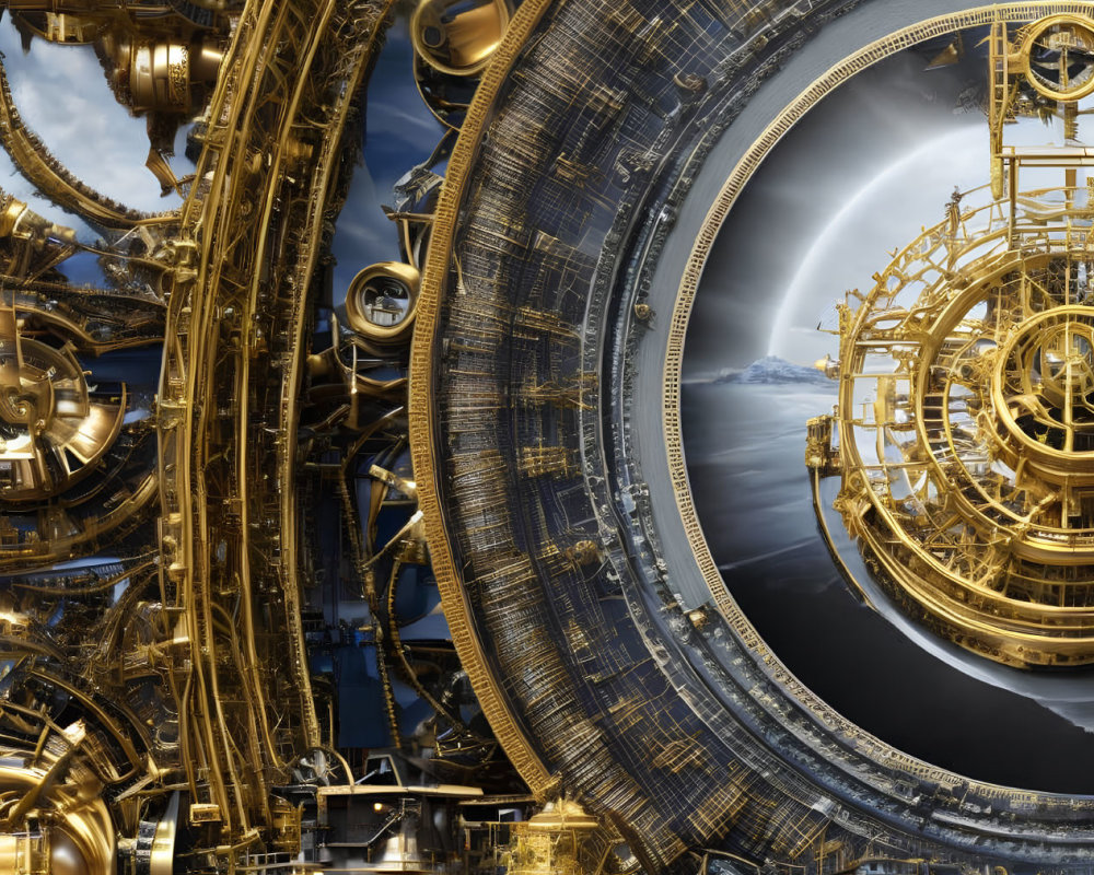 Detailed steampunk machinery with golden gears and pipes on moonlit night landscape