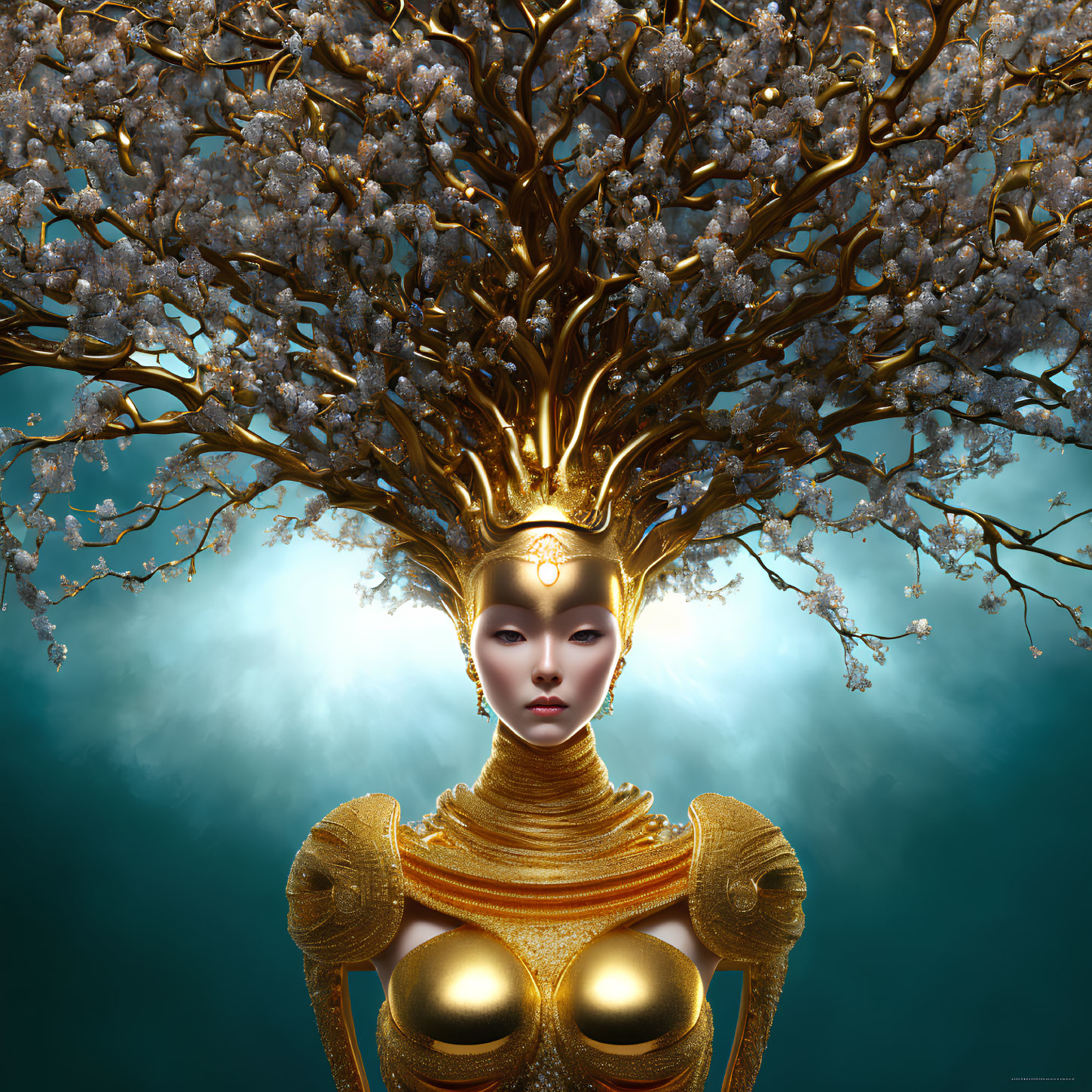 Woman with Golden Tree Crown and Armor on Teal Background