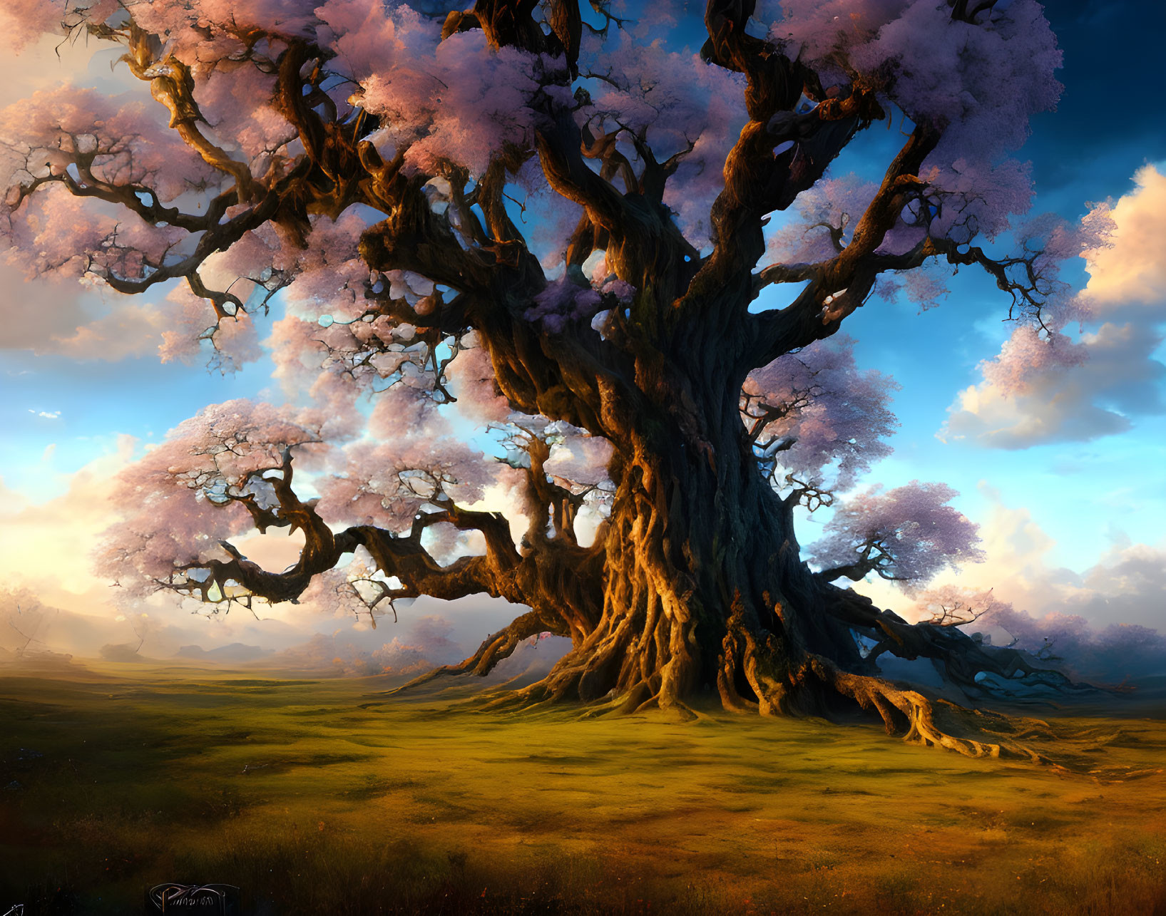 Majestic ancient tree with pink blossoms in serene field