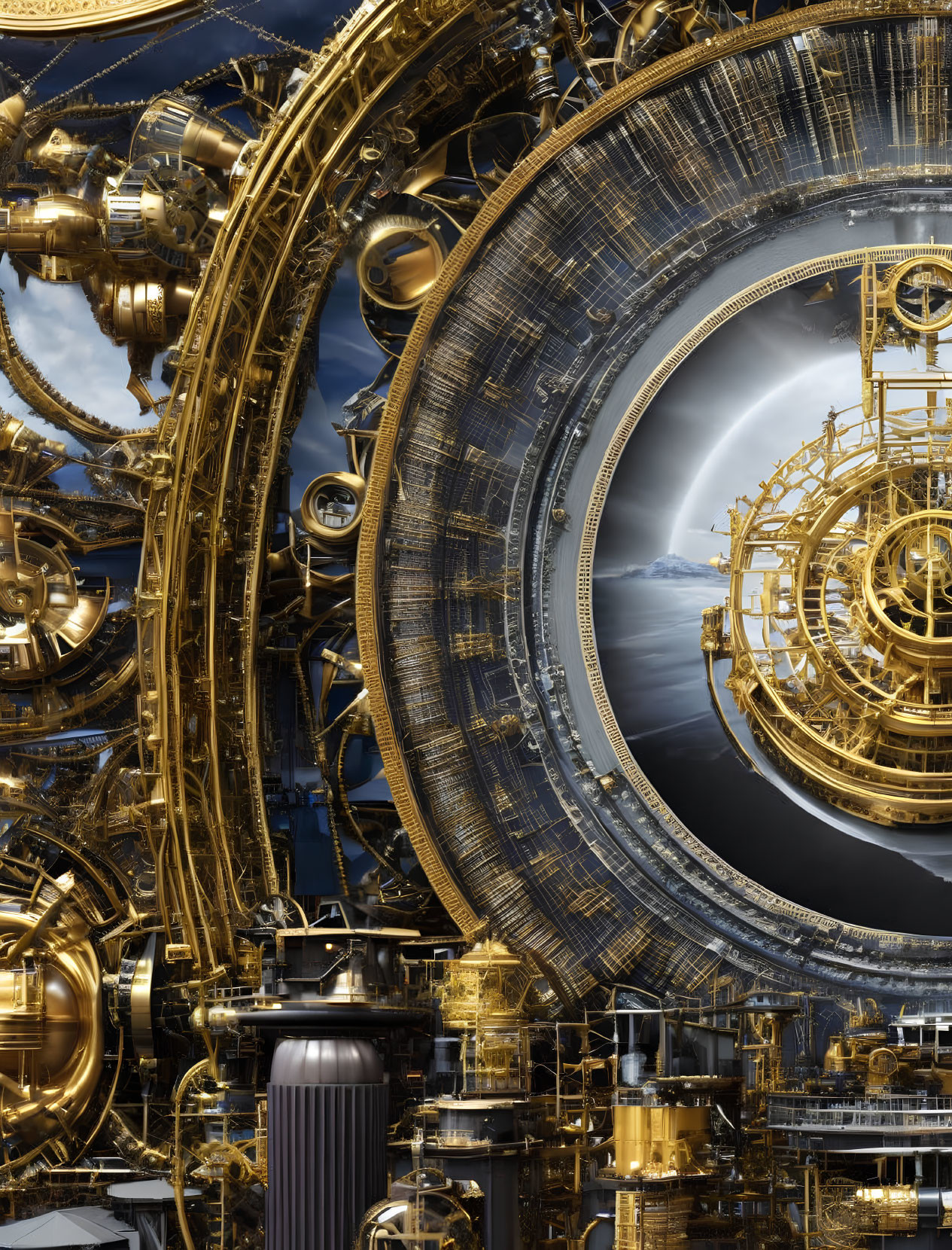 Detailed steampunk machinery with golden gears and pipes on moonlit night landscape