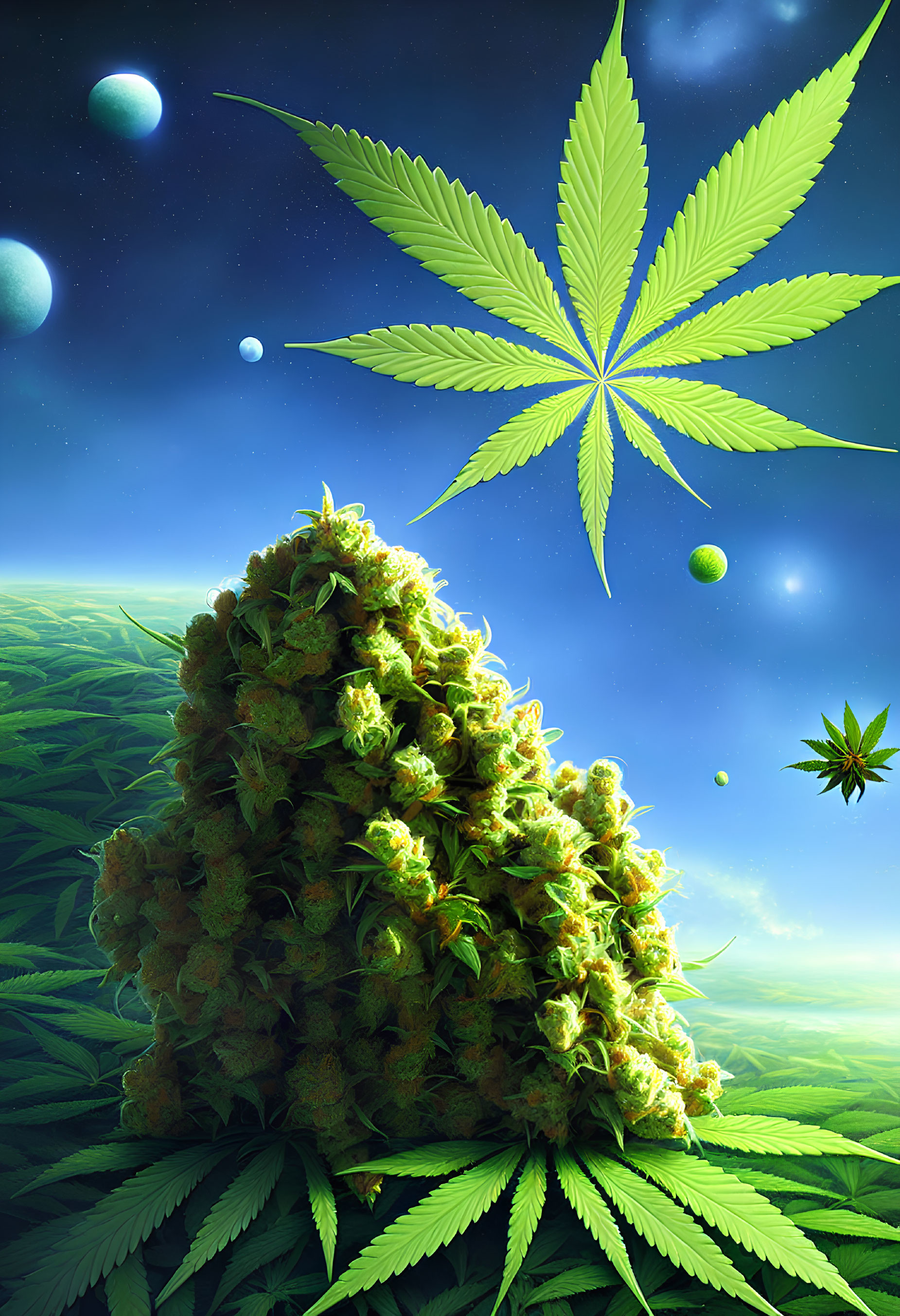 Cannabis plant artwork with large bud in surreal space theme