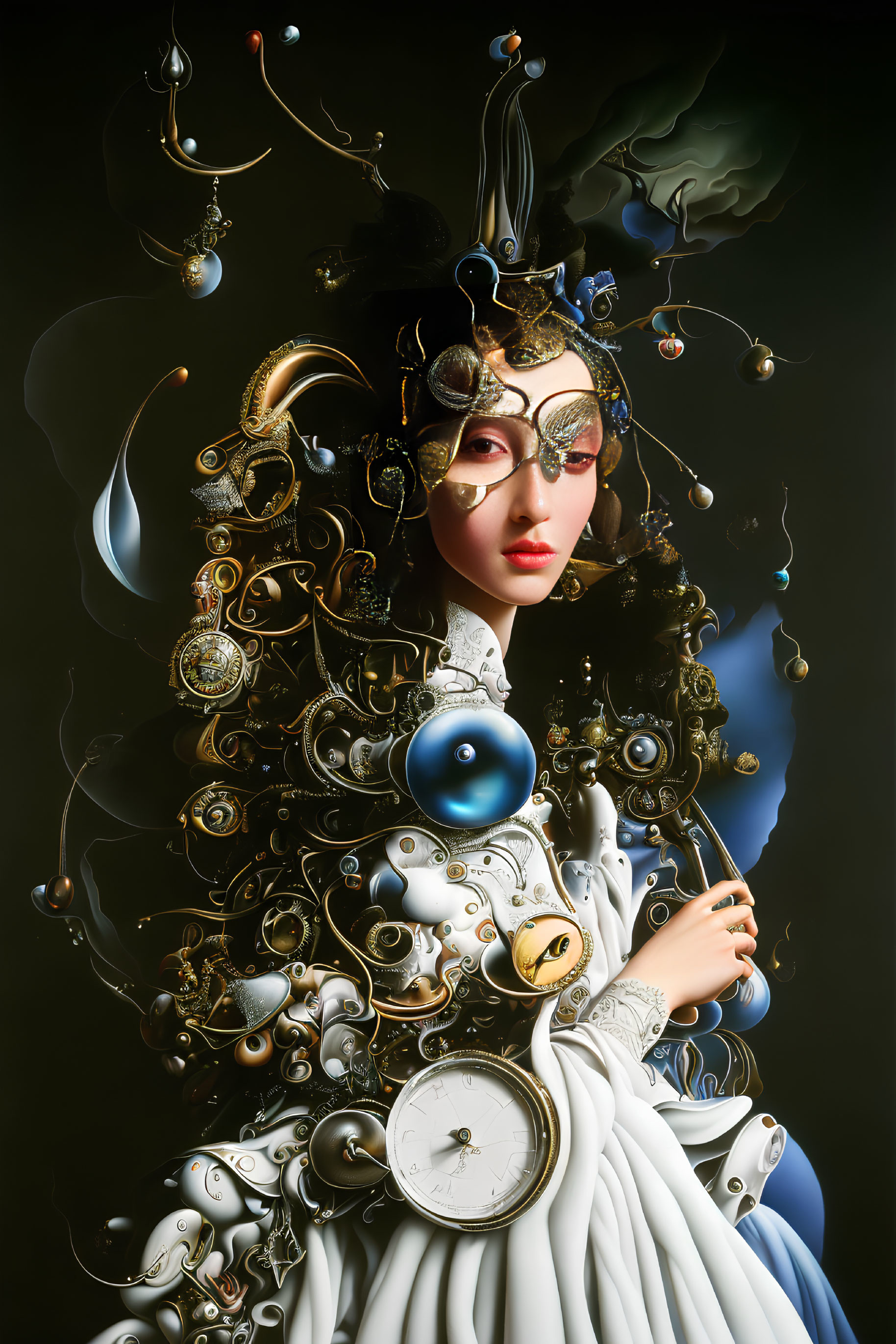 Surreal portrait of female figure with golden ornaments and steampunk theme