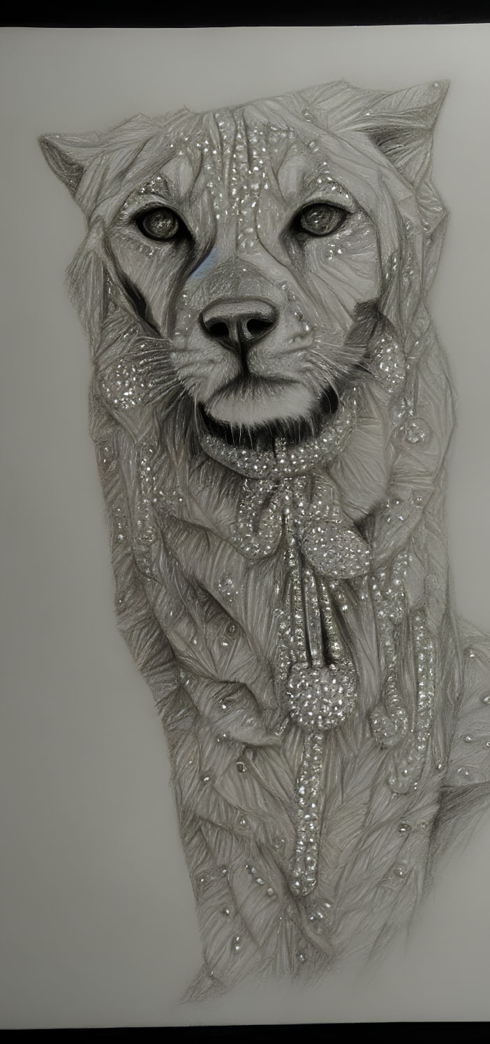 Detailed pencil sketch of a mystical wolf with intricate patterns and sparkling fur.
