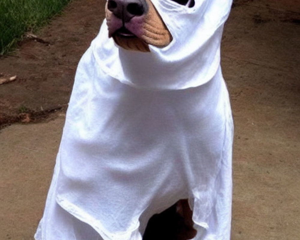 Dog in Ghost Costume on Driveway: White Sheet with Eye Holes