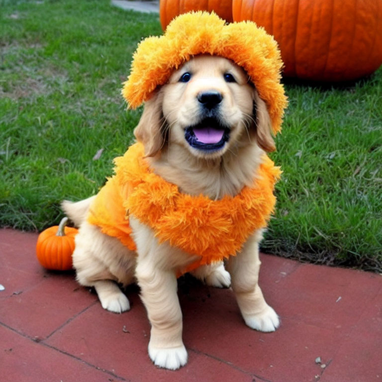 Golden Retriever Puppy in Lion Mane Costume with Pumpkins on Path