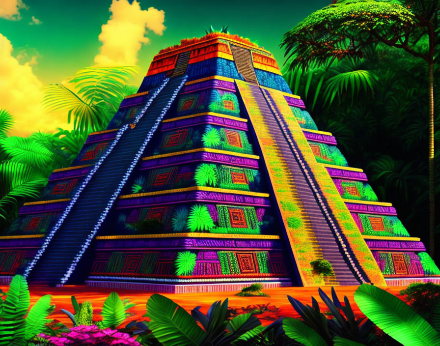 Colorful Neon Pyramid in Tropical Forest Scene