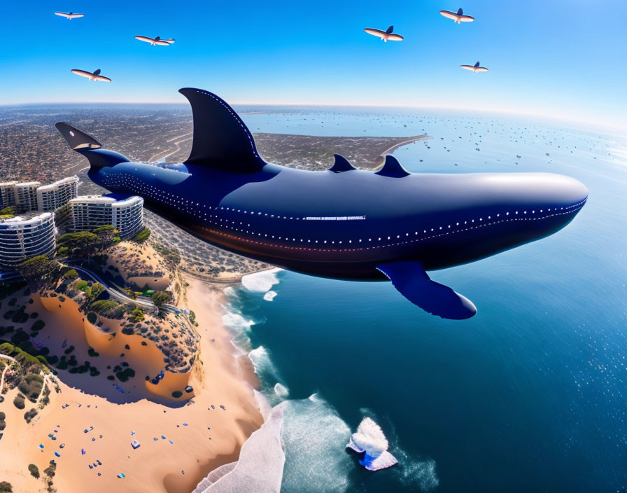 Whale-shaped Aircraft Soars Over Coastal City with Smaller Planes
