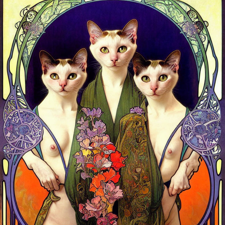Three human-bodied figures with cat heads in Art Nouveau style, adorned with floral patterns.
