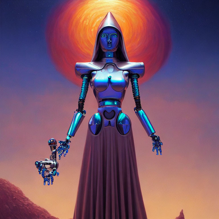Futuristic robot styled as Egyptian pharaoh under eclipse with floating companion