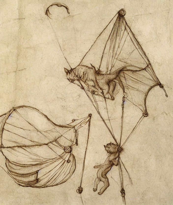 Cat with Wings and Humanoid Figure in Mid-Flight on Parchment Background