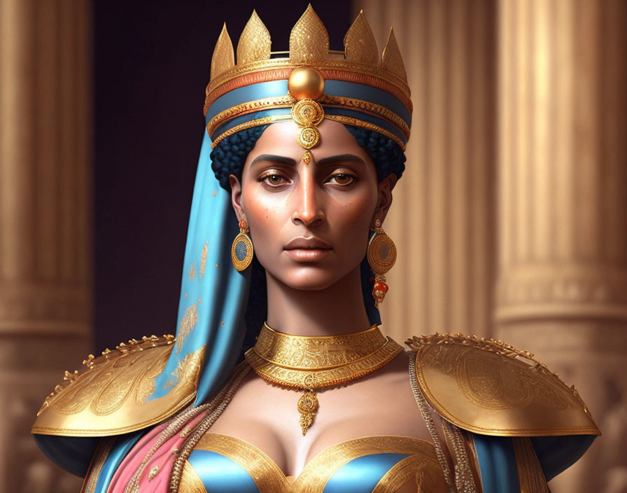 Regal Figure in Gold Crown and Blue/Gold Attire with Jewelry