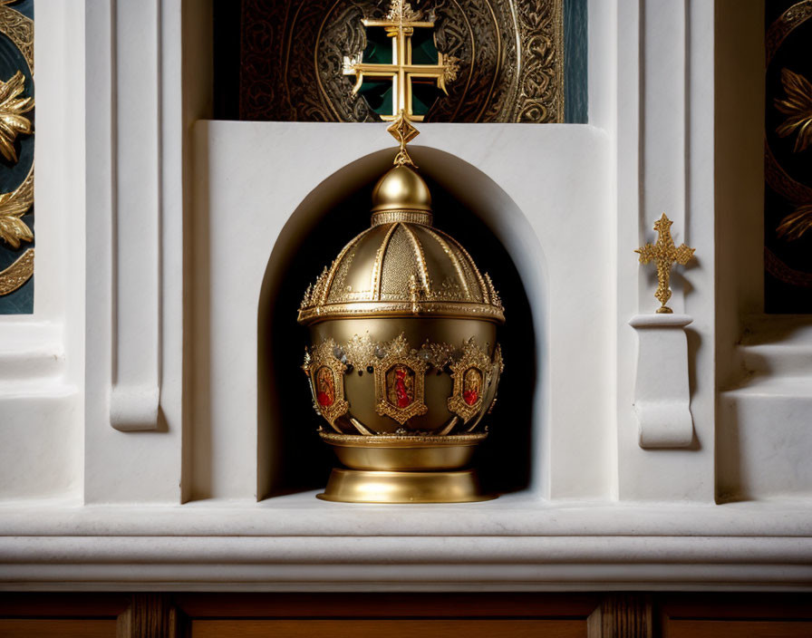 Intricate Red Designs on Golden Mitre in Religious Alcove