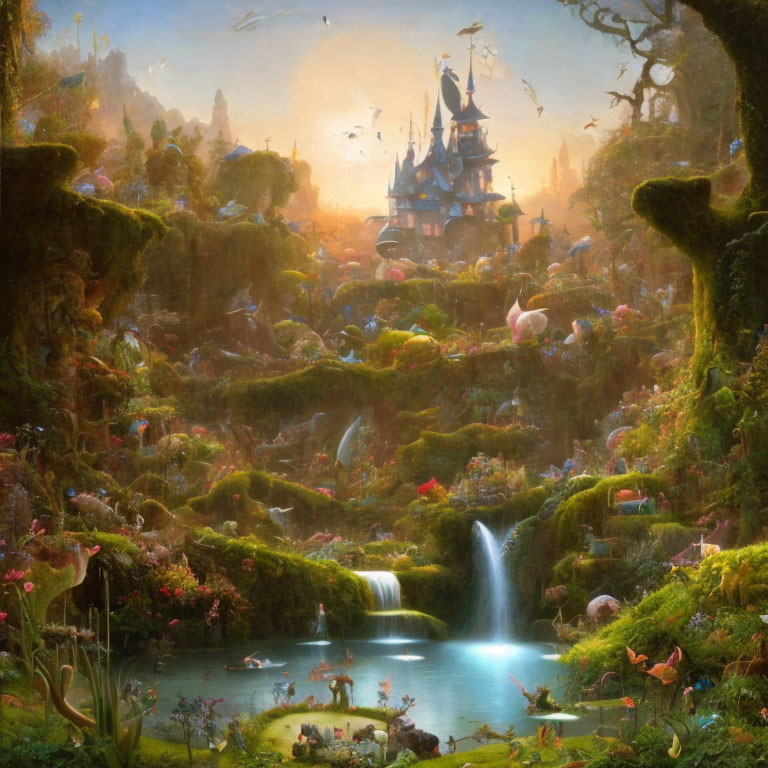 Majestic castle, waterfalls, lush flora, whimsical creatures in fantasy landscape