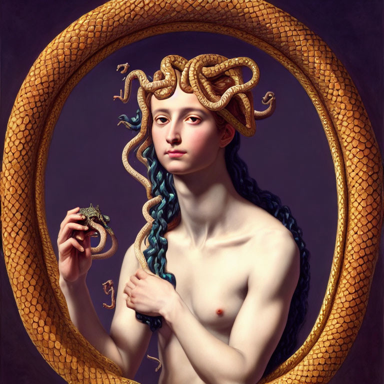 Classical portrait of woman with snake hair holding dragon, surrounded by serpent on purple background