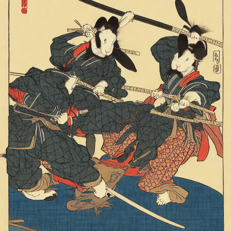 Anthropomorphic rabbits in samurai armor sword fight under beige sky
