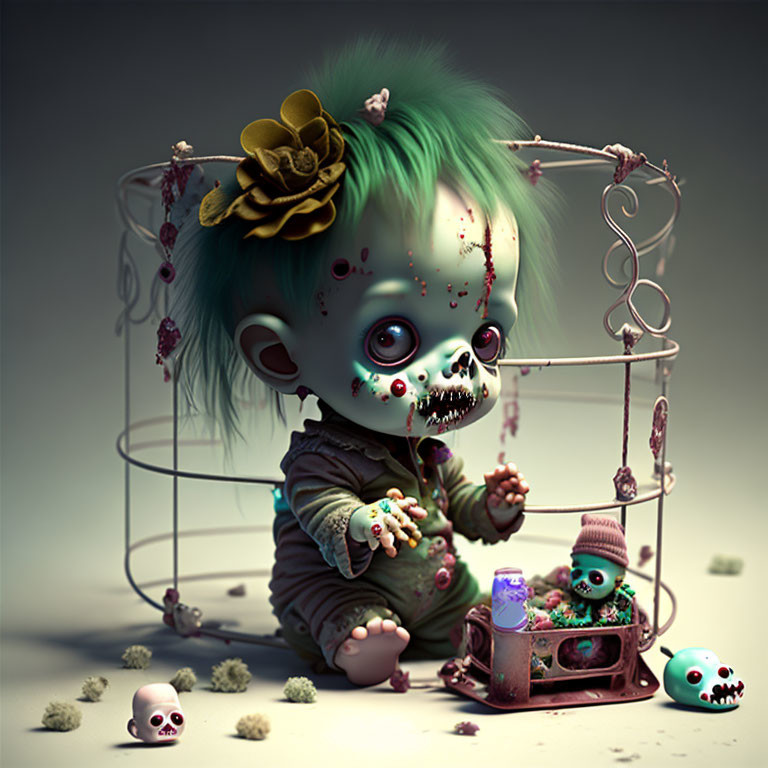 Green-haired doll-like creature playing with skull-adorned carousel and skulls.