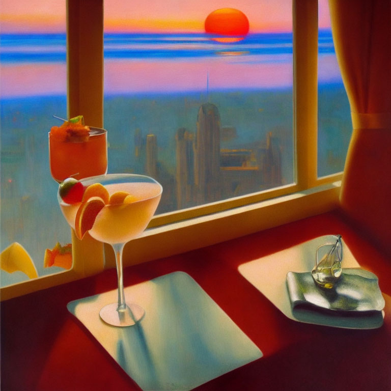 Surreal painting of cocktail glass on windowsill at sunset