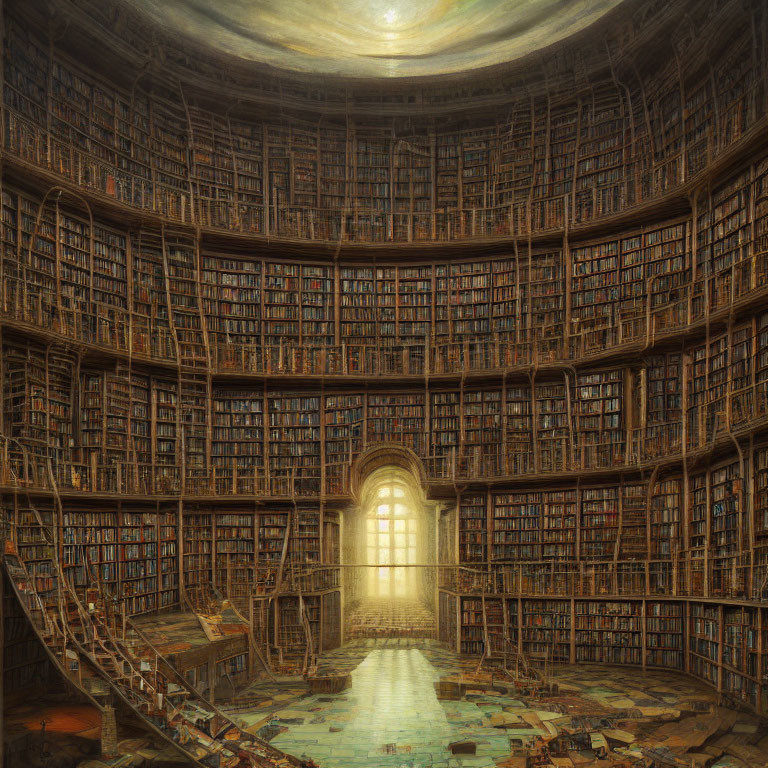 Circular Library with Towering Bookshelves, Arched Window, Reflective Floor, Domed Ceiling