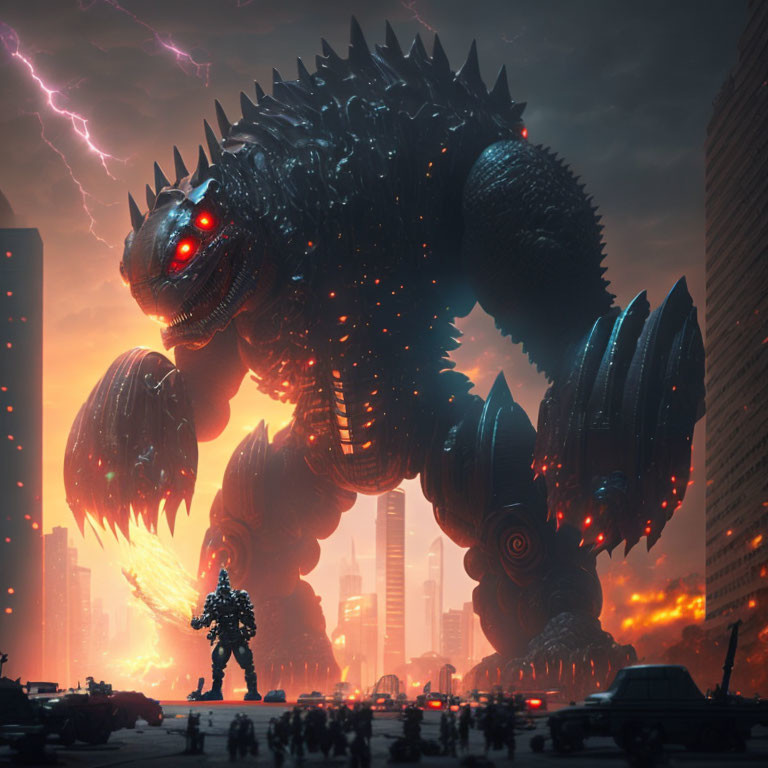 Giant mechanical monster confronts smaller robot in cityscape storm