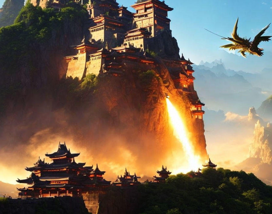 Mythical landscape with ancient palace, cliff, golden sunset, and soaring dragon