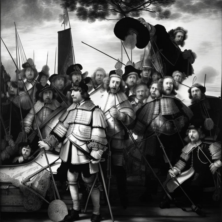 Historical black and white photo of men in 16th-17th century soldier attire