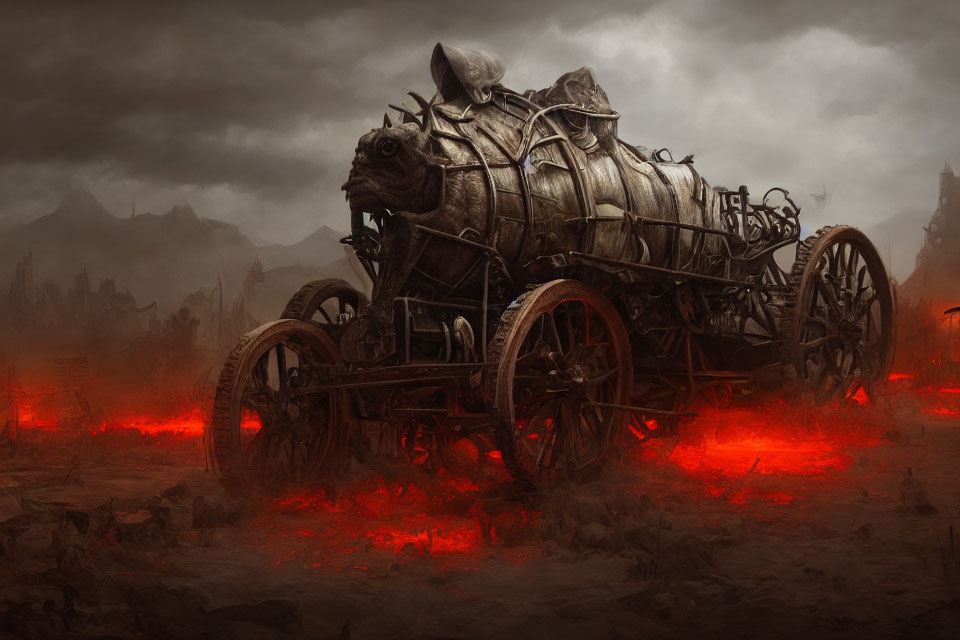 Gothic-style Carriage in Bleak Landscape with Red Glow