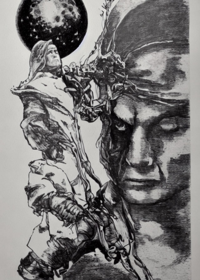 Monochrome illustration of woman's face merging with tree branch against moonlit backdrop
