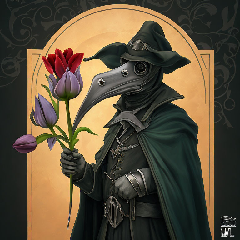 Medieval plague doctor costume with beaked mask and tulips bouquet
