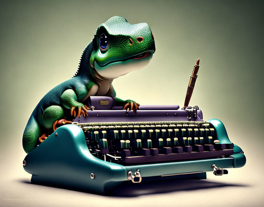 Green Dinosaur Cartoon Character Typing on Vintage Typewriter on Beige Background