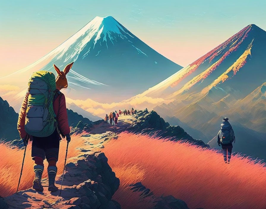 Whimsical animal travelers on pink-grassed trail towards majestic mountains