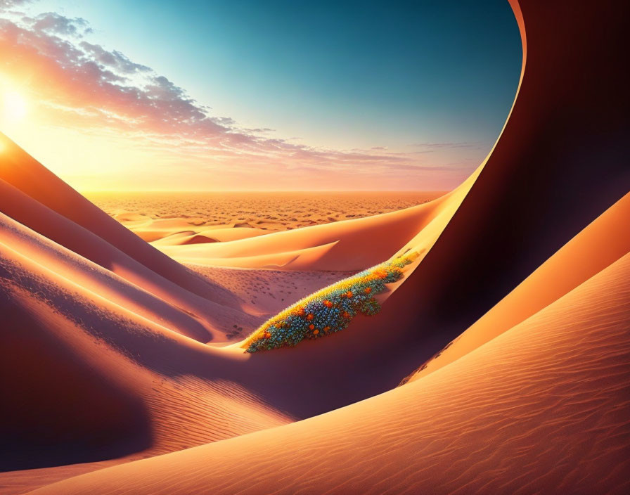 Vibrant surreal desert landscape with colorful dune and flowers