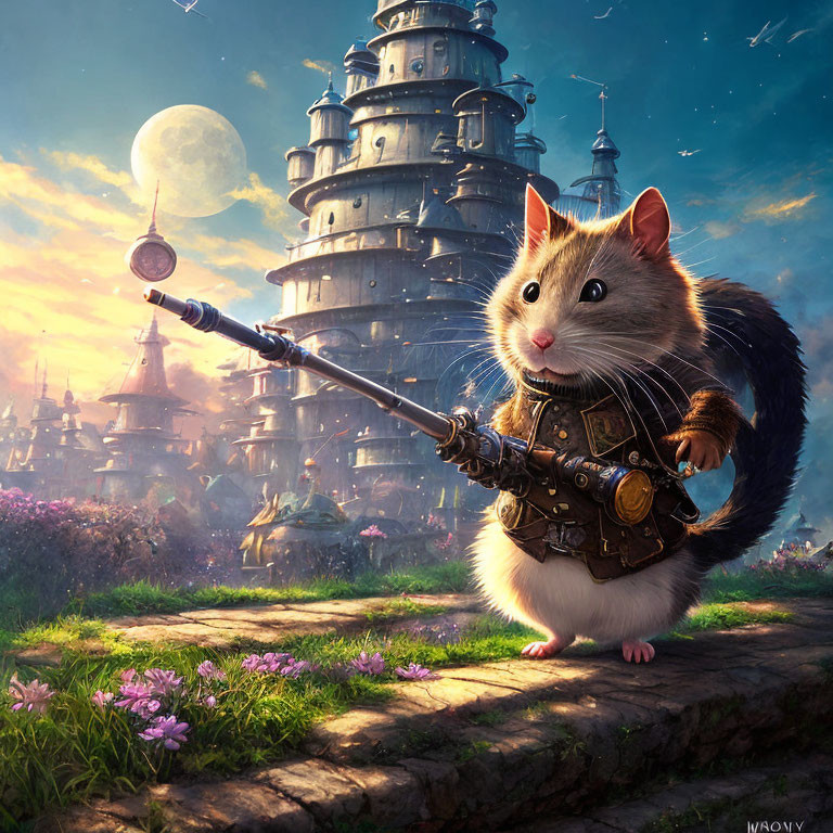Armored mouse with spear in front of whimsical castle under moonlit sky