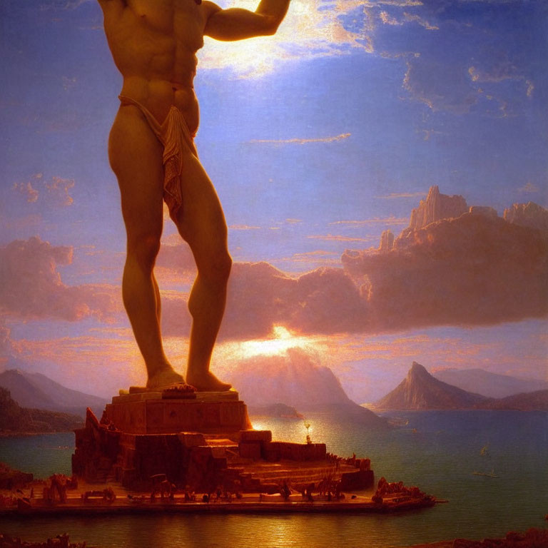 Classical painting of colossal man statue by serene harbor at sunset