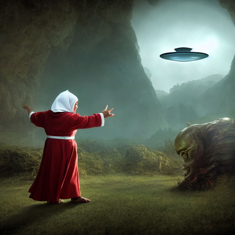 Mysterious figure in red cloak faces UFO in misty rocky landscape