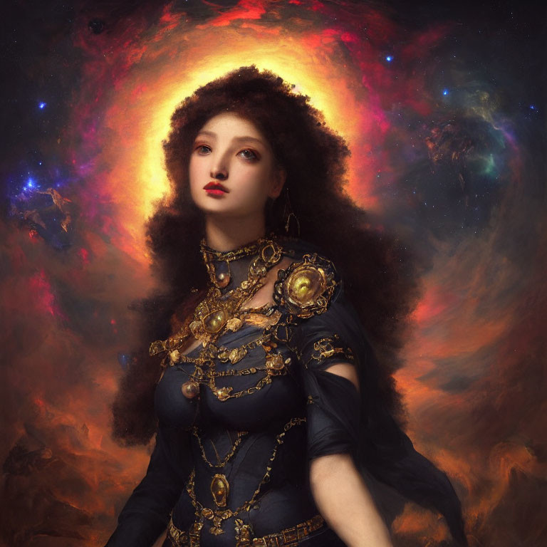 Curly-Haired Woman with Golden Jewelry in Cosmic Nebula Setting