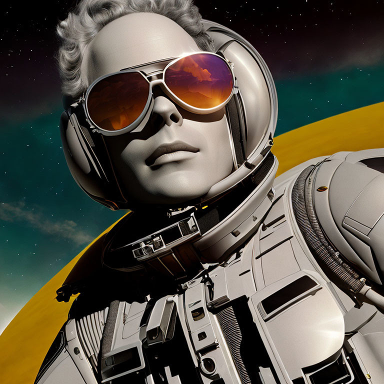 Stylized astronaut in reflective sunglasses and detailed spacesuit on yellow space backdrop.