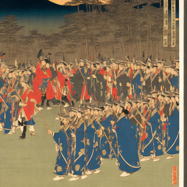 Japanese woodblock print: Samurai warriors in colorful robes under twilight sky