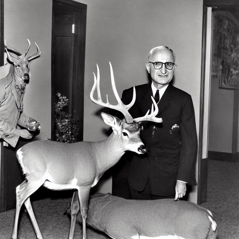 Monochrome image of elderly man with deer, live and mounted