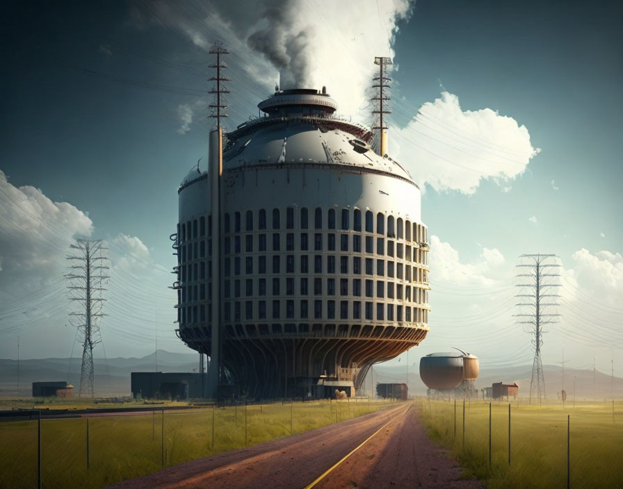 Spherical futuristic building with smokestack in rural landscape