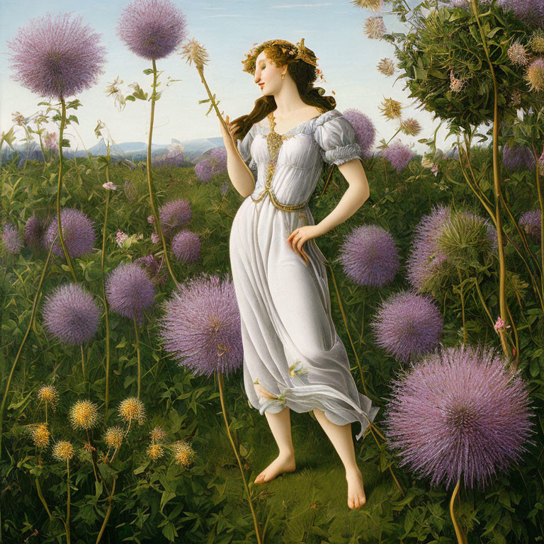 Woman in Classical Attire Walking Through Purple Globe Thistle Field