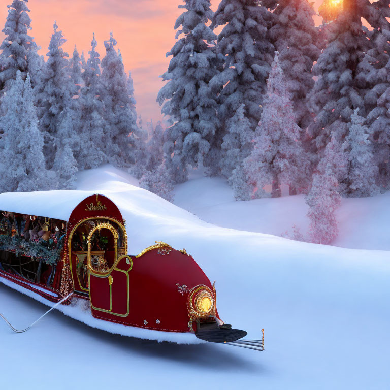 Red and Gold Festive Train in Snowy Forest Landscape at Sunset