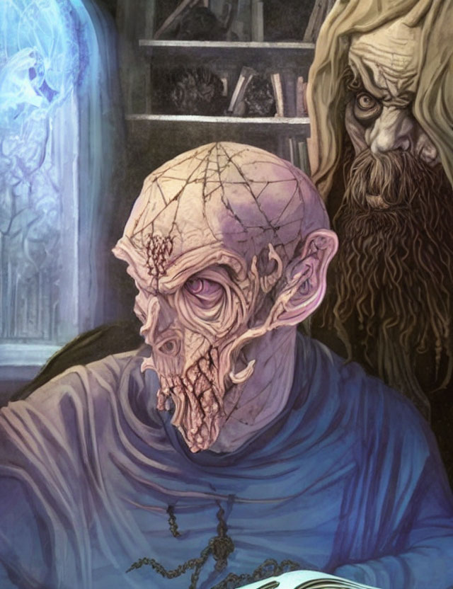 Illustration of gaunt undead creature and wizard with flowing beard.