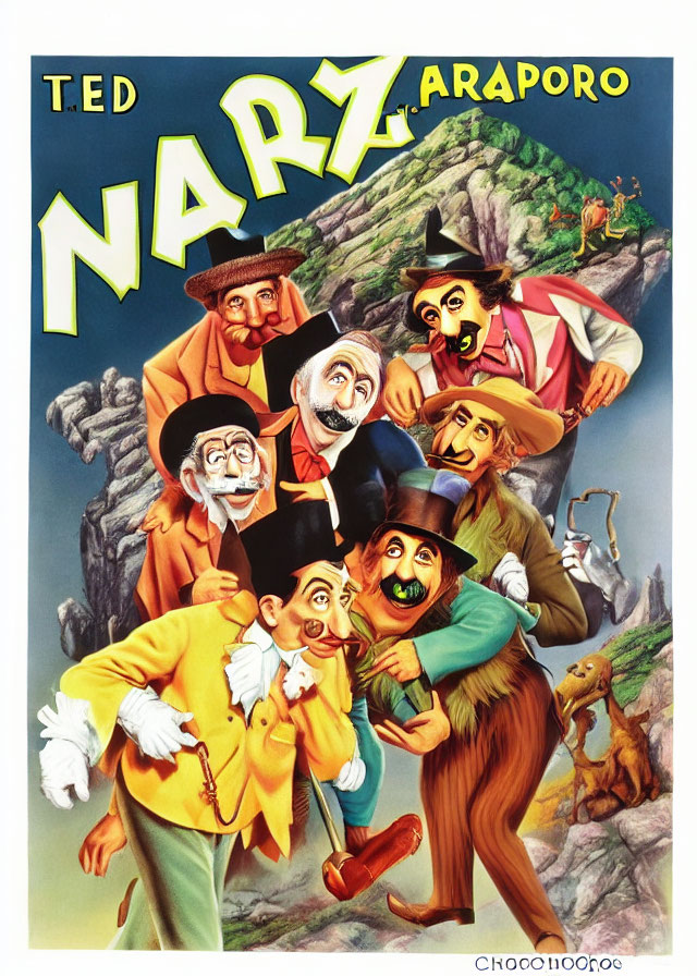 Colorful vintage movie poster with caricatures of men and a curious animal on rocky terrain