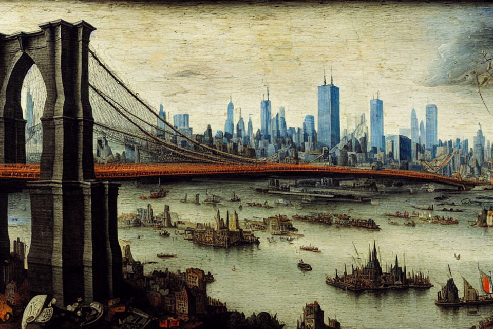 Vintage-style Illustration of Brooklyn Bridge and NYC Skyline