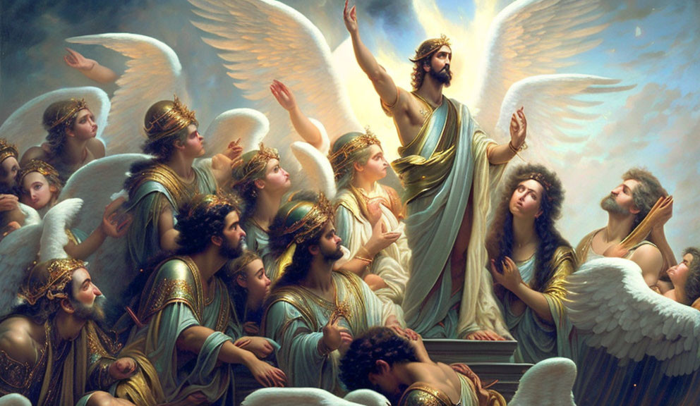  God surveys a throng of angels 