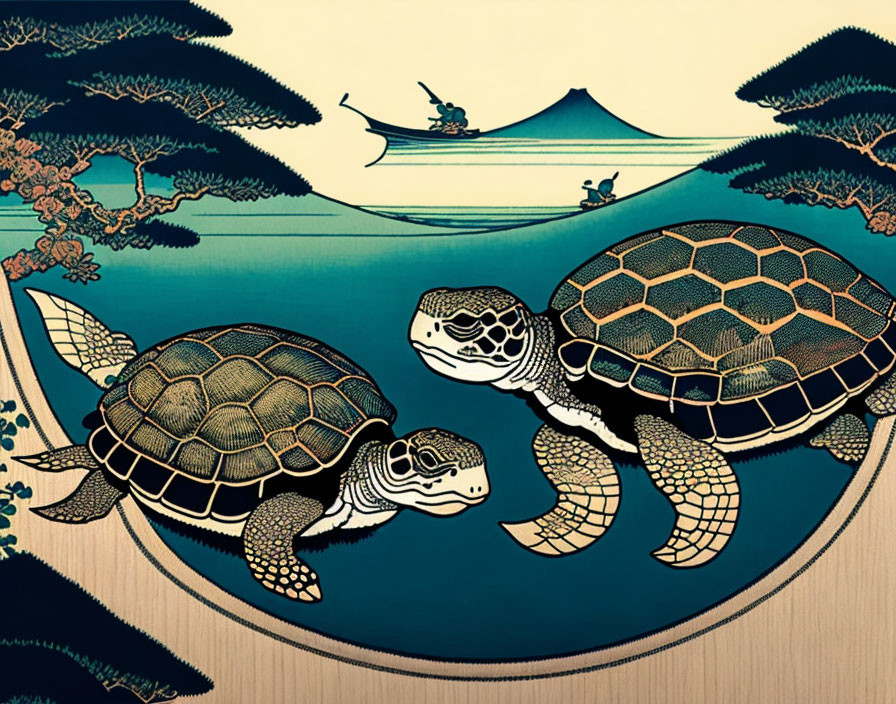 Illustrated Japanese style artwork of turtles, ocean, Mount Fuji, and fishermen boat