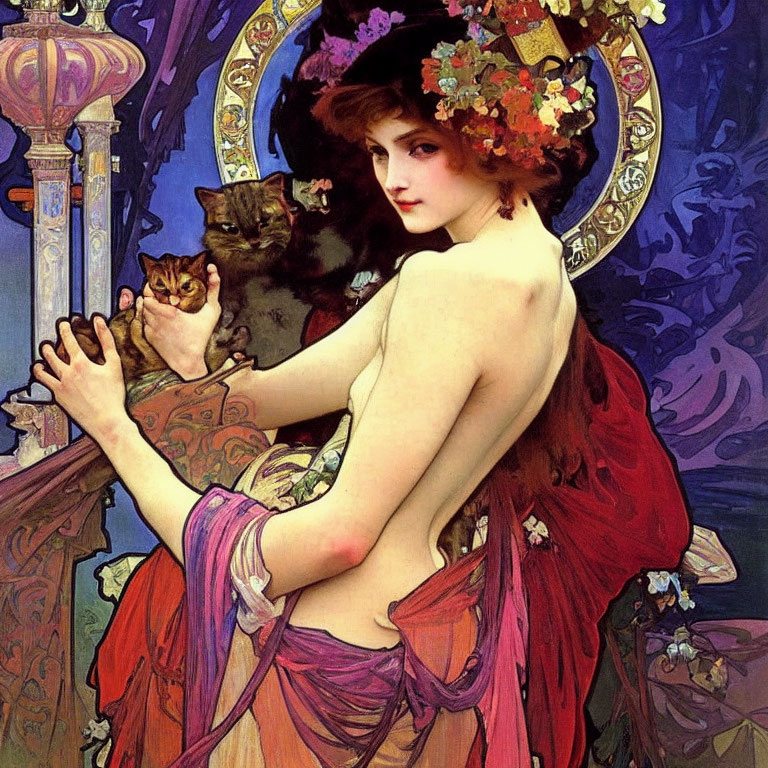 Woman with Flowers Holding Cat in Art Nouveau Setting