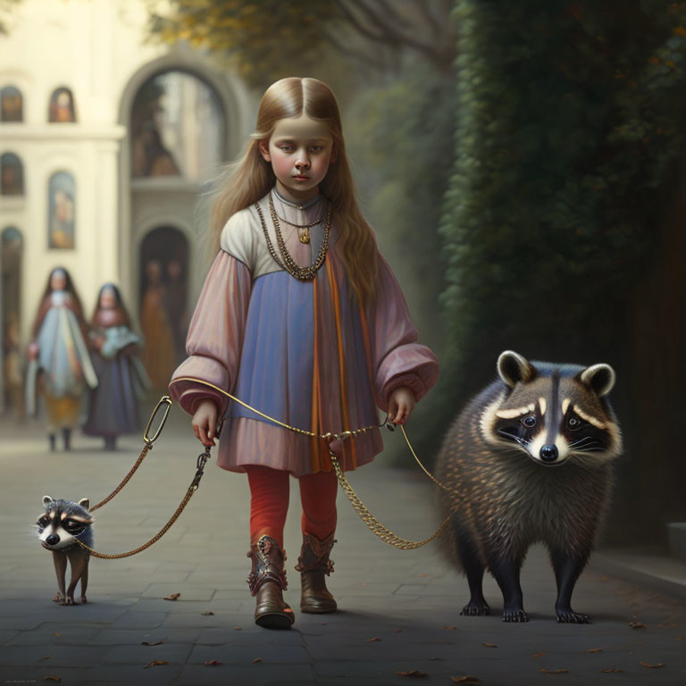 Young girl in vintage dress walks raccoon on leash in serene setting