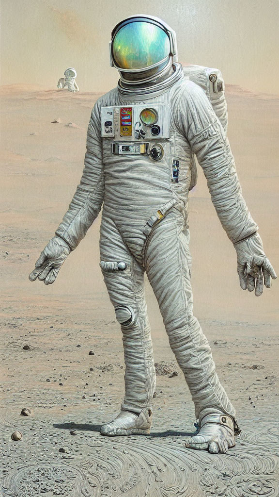 Detailed Spacesuit Astronaut on Mars-like Terrain with Reflection and Distant Figure